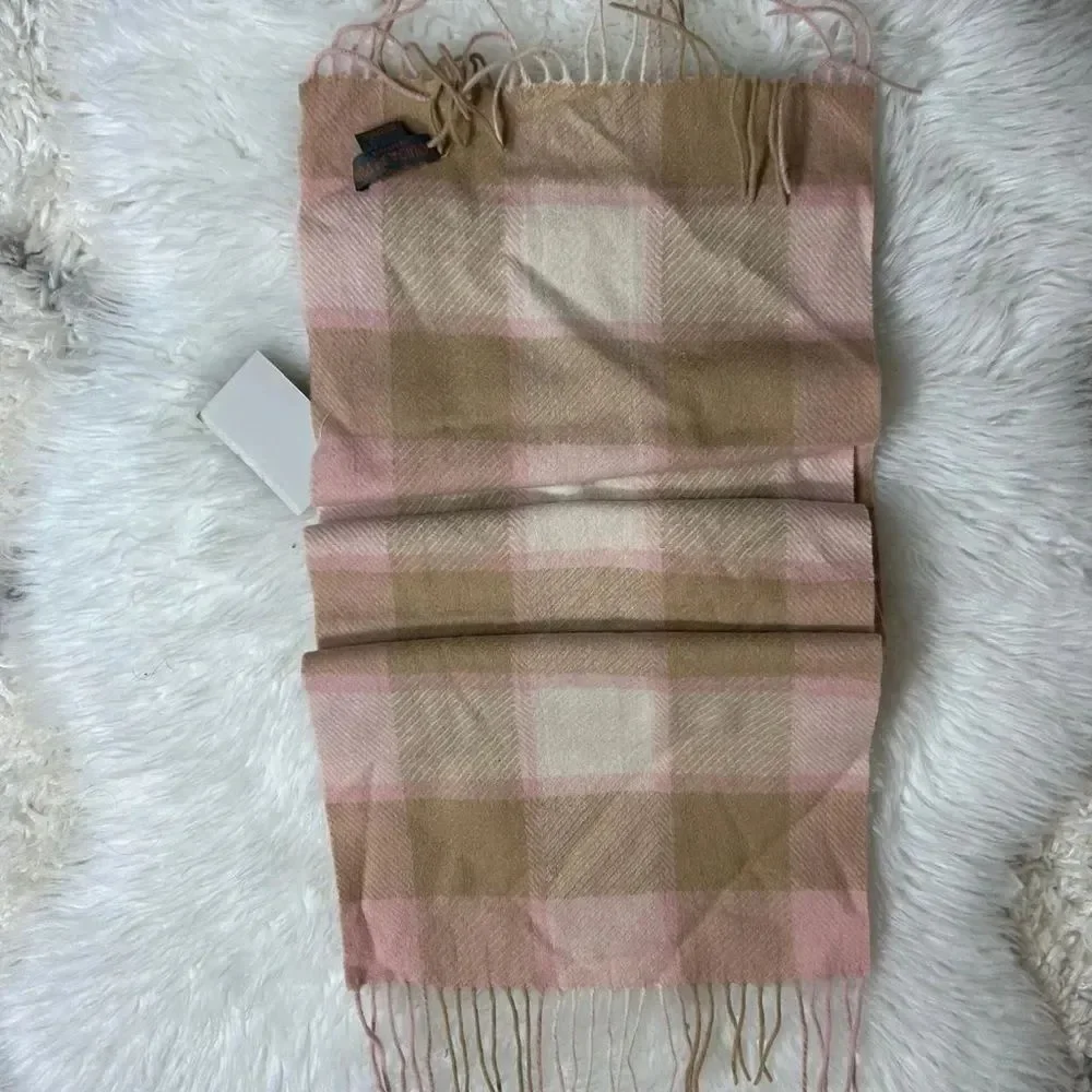 LOUISA PERINI Pink and Tan Plaid Scarf 100% Cashmere